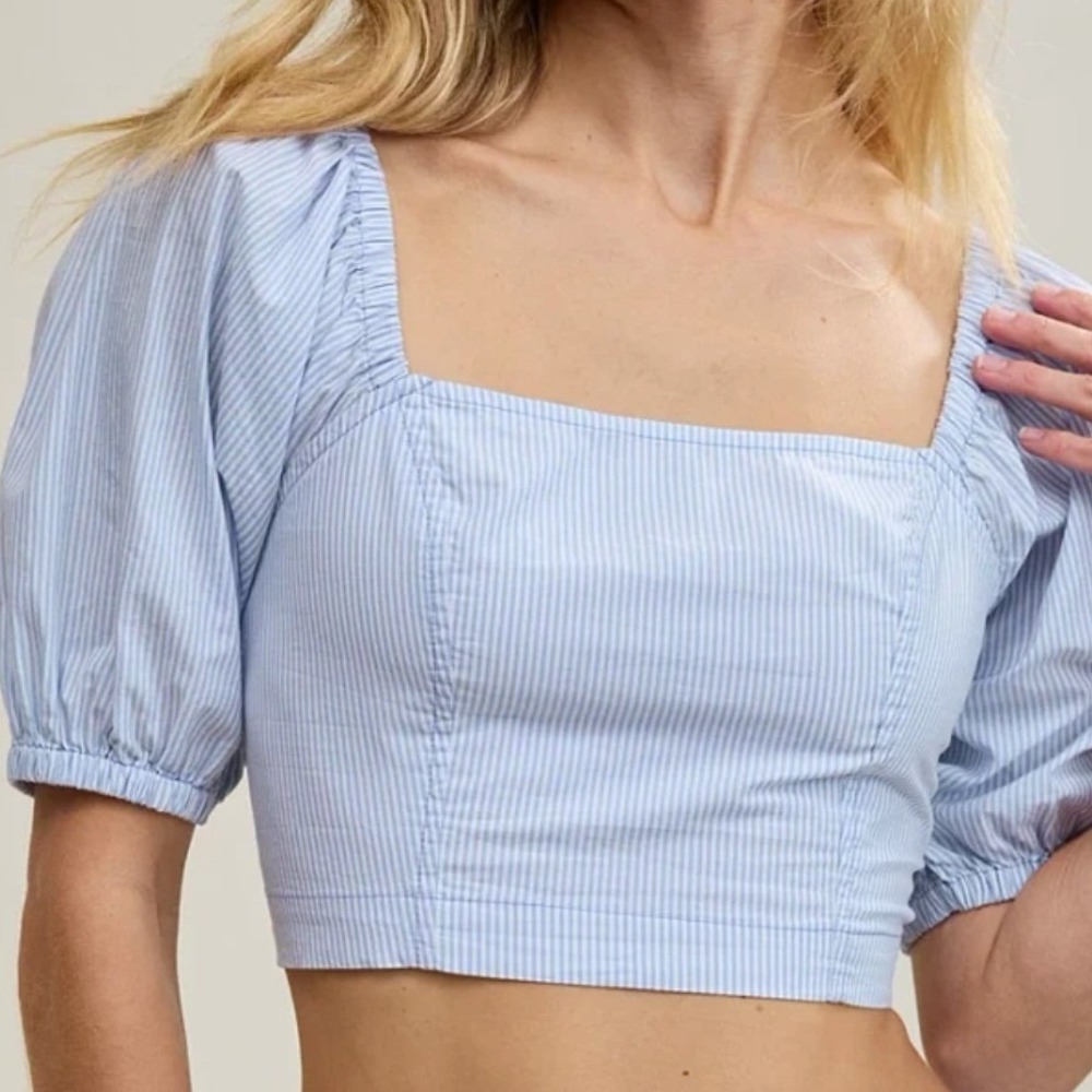 Aerie Blue White Striped Puff Sleeve Crop Top Blouse XS Cottagecore Smocked Back